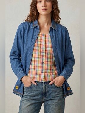 Vintage Embroidered Blue Denim Button-Up Shirt